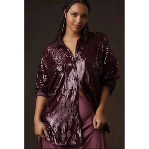 Anthropologie Pilcro Top Women Size M Burgandy Sequin Swiftie Button Oversize